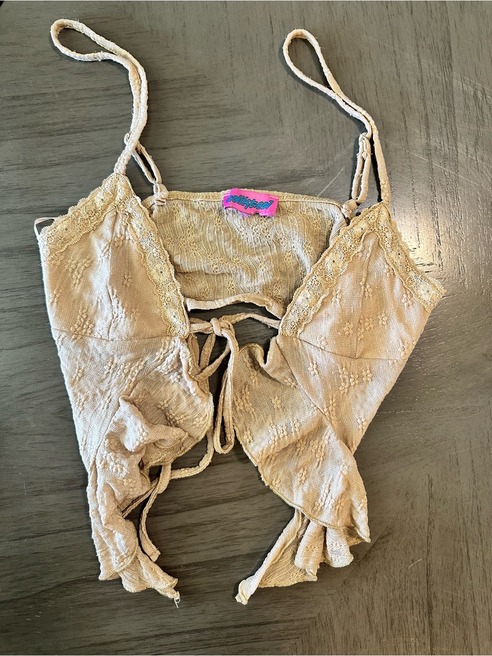 Edikted Beige Lace Crop Top with Pink Logo Tag